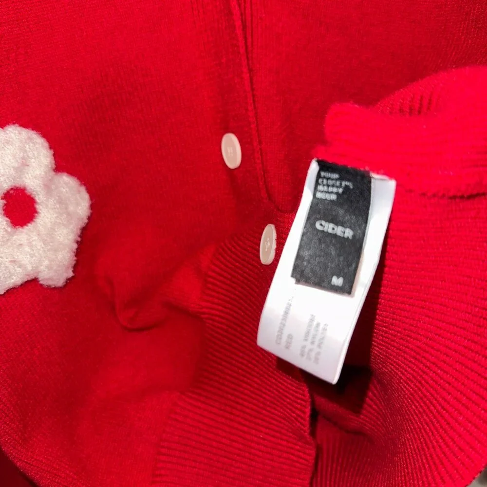 Red Button-Up Cardigan With White 3D Floral Design By Cider Long Sleeves Size M - Picture 5 of 6